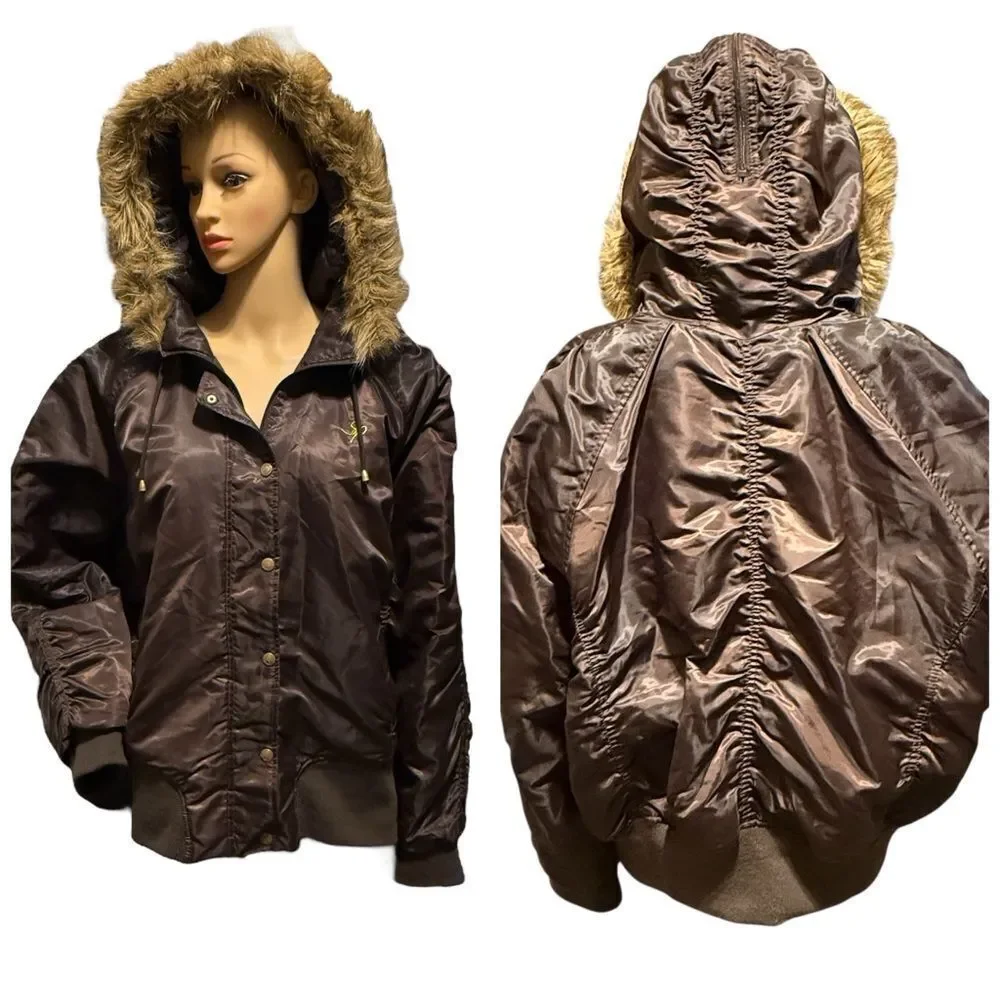 Vintage South Pole Women’s Faux Fur Trim Hooded Jacket Brown Size 3X